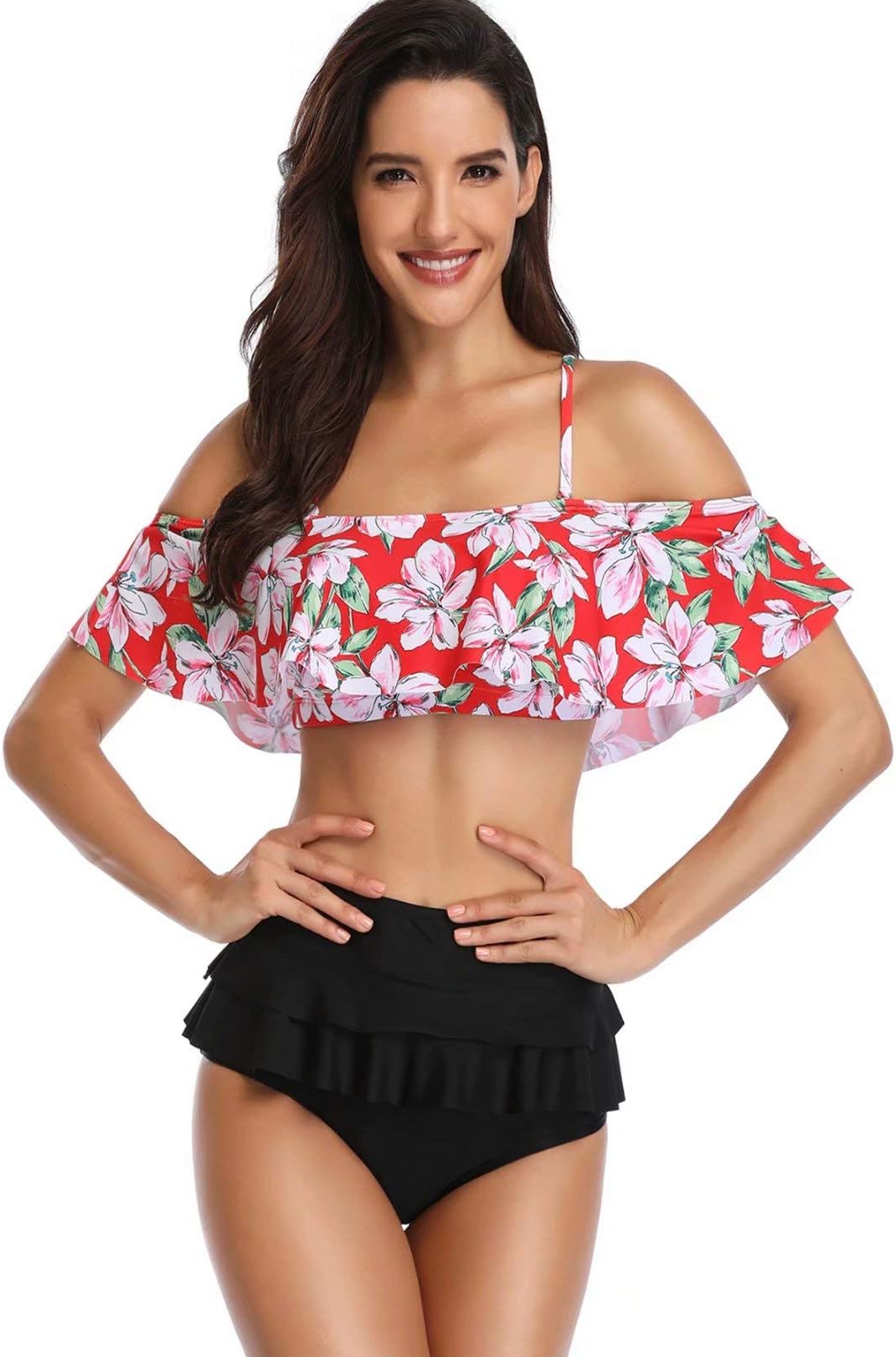 ruffle bikini top with high waisted bottoms
