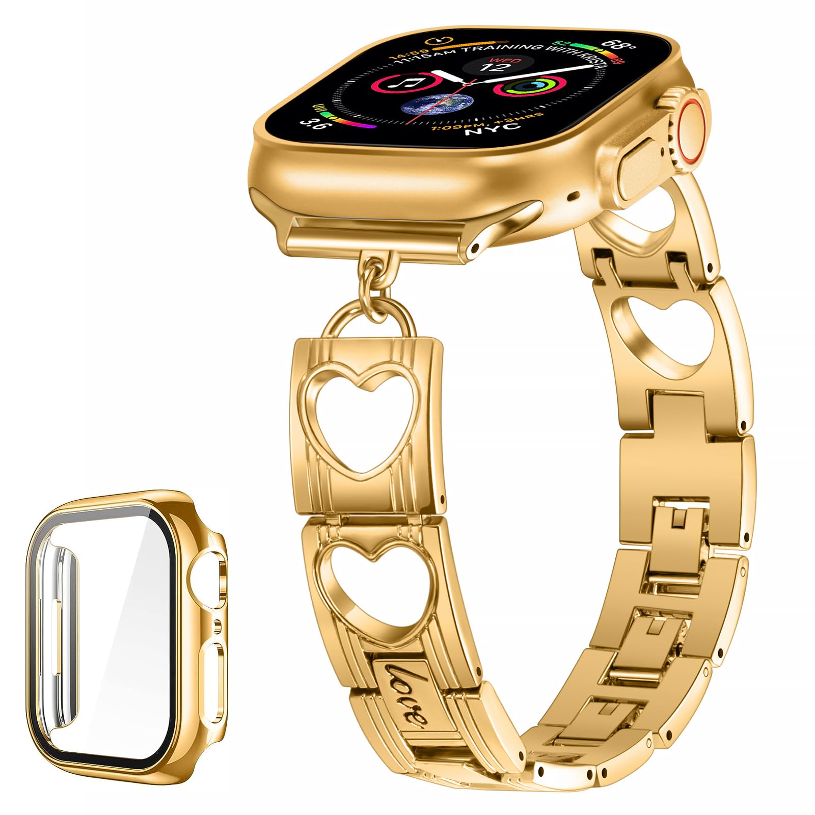 SaNgaiMEi Metal Strap Compatible with Apple Watch 41mm 40mm 38mm Women Heart Replacement Bands & 44mm Hard Case with Tempered Glass Screen Protector for iWatch SE Series 9 8 7 6 5 4 3 2 1(44mm Gold)