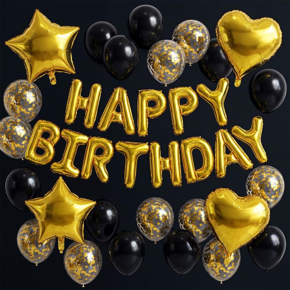 Black Gold Birthday Balloons - 37PCS Happy Birthday Balloons Kit with Letters, Stars & Hearts, Premium Latex & Foil Balloons for Men Women Adult Party Decorations