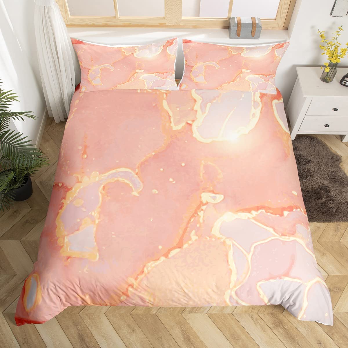 Marble Duvet Cover Set Single Size, Rose Peach Marbling Bedding Set 2pcs for Kids Boys Girls Bedroom Decor, Abstract Stone Texture Comforter Cover Soft Polyester Quilt Cover with 1 Pillowcase โ image 1