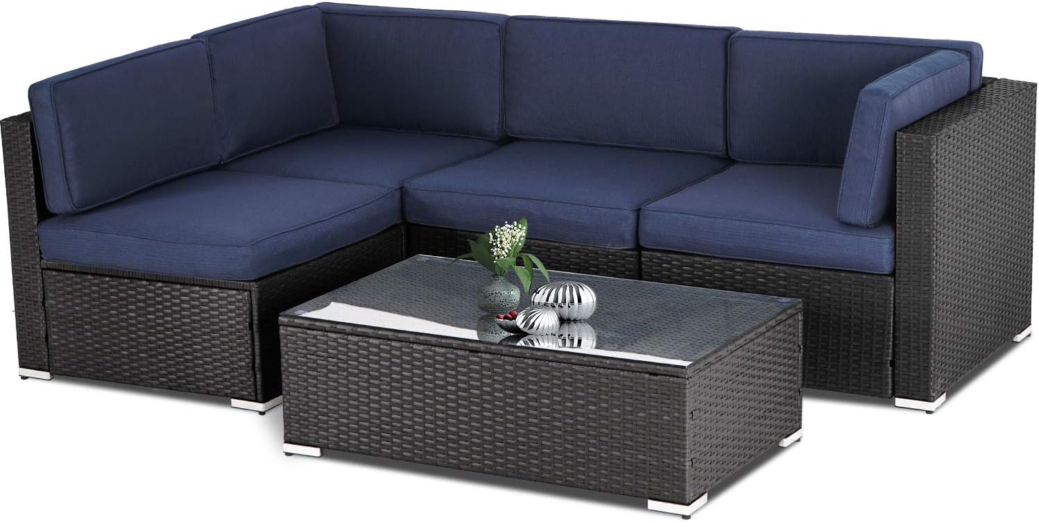 Oakmont Outdoor Patio 5 Piece Sectional Sofa Set All Weather Wicker with Olefin Cushion, Exquisite Glass-Top Coffee Table (Navy Blue)