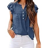 PRETTODAY Women's V Neck Lace Crochet Shirts Button Down Short Sleeve Casual Blouse Tops