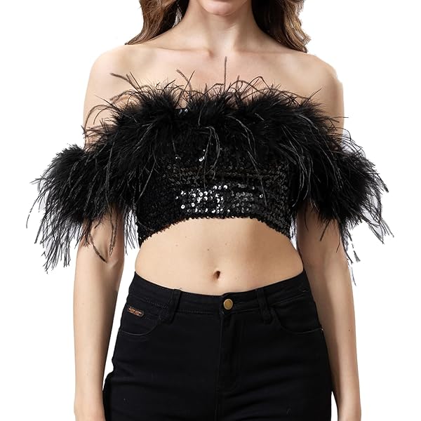 LVCOMEFF Ostrich Feather Mini Crop Top Straight Neck Tube Top