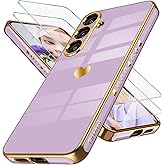 Dretal for Samsung Galaxy S25+ Plus 5G Case with Screen Protector, Women Girl Cute Girly Love-Heart Luxury Gold Soft Camera Protection Bumper Shockproof Phone Case for Galaxy S25+(Purple)