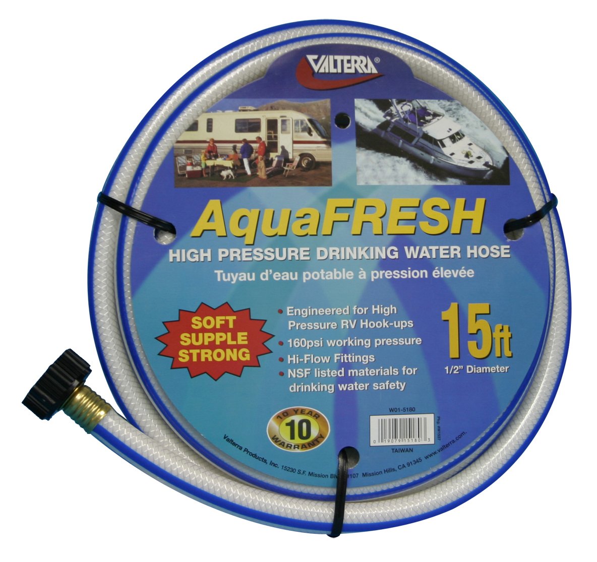 Valterra AquaFresh High Pressure Drinking Water Hose, Water Hose Hookup for RV - 1/2" x 15', White (Pack of 10) Image