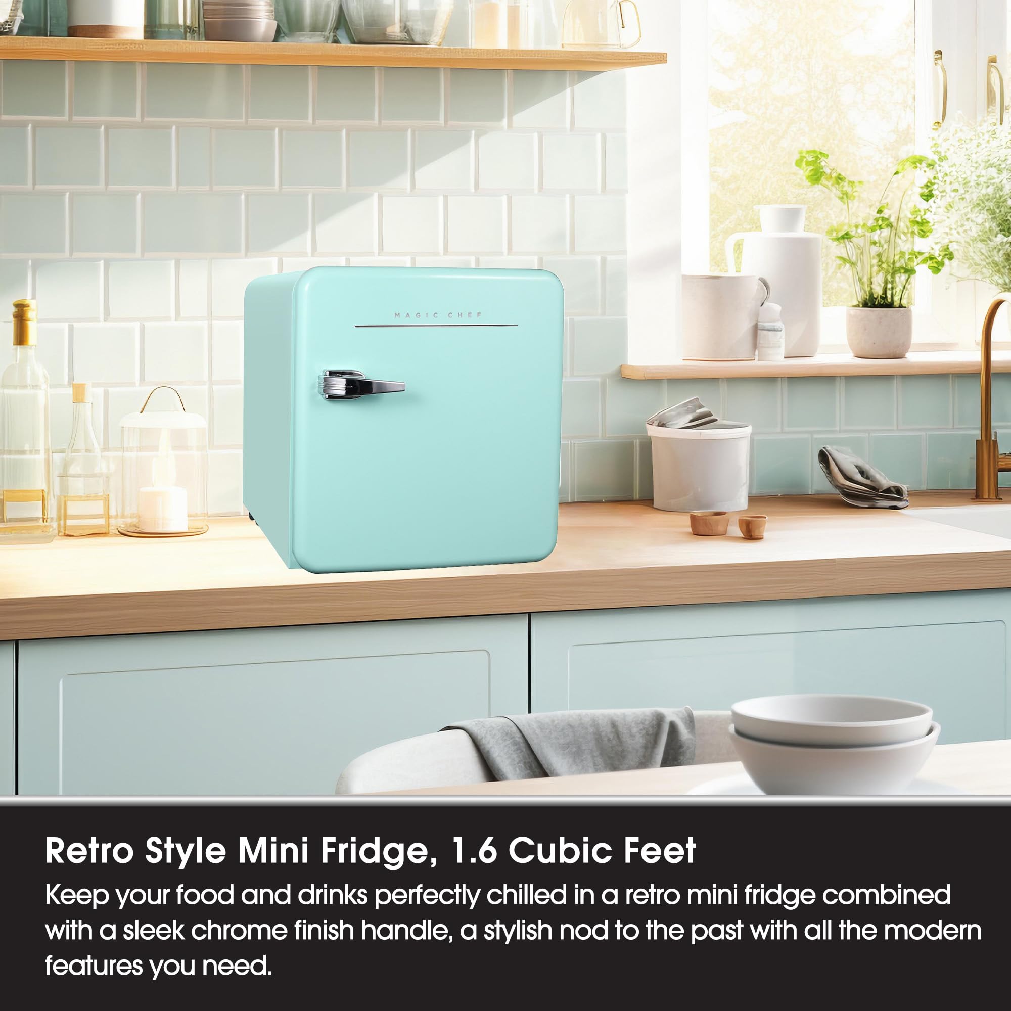 Magic Chef 1.6 Cubic Feet Retro Style Mini Fridge with Interior LED Light and Removable Glass Shelf Ideal for Bedroom and Recreational Room, Mint