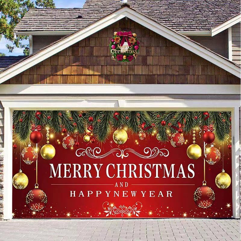 Garage Door Decorations - Boliesam 7 x 8 ft Garage Door Christmas Decorations Balls Banner Door Cover Winter Murals Outdoor Decoration Christmas Holiday Backdrop Decoration for Indoor Outdoor Wall Party Photo Background