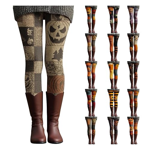 Halloween Leggings for Women UK, Thermal High Waisted Legging, Warm Winter Leggings for Curvy Women, Yoga Gym Tummy Control Pants Compression Ladies Legging