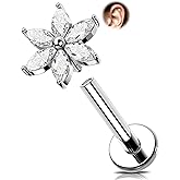 Melighting 16G Titanium G23 Flower Helix Flat Back Earring, Internally Threaded Hoop Cartilage Ring Stud, Marquise CZ Lotus Conch Lip Labret Tragus Piercing Jewelry for Women 8 mm