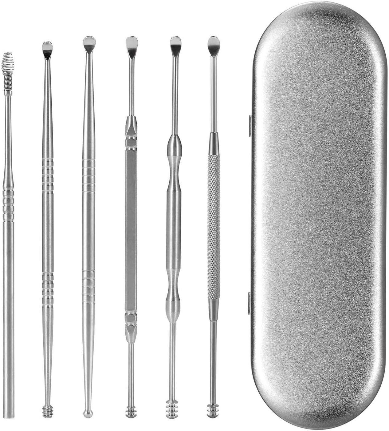 SunMine 6pcs Ear Pick with Light LED Ear Curette Earwax Removal Ear Cleaning Set with Storage Box (Sliver)