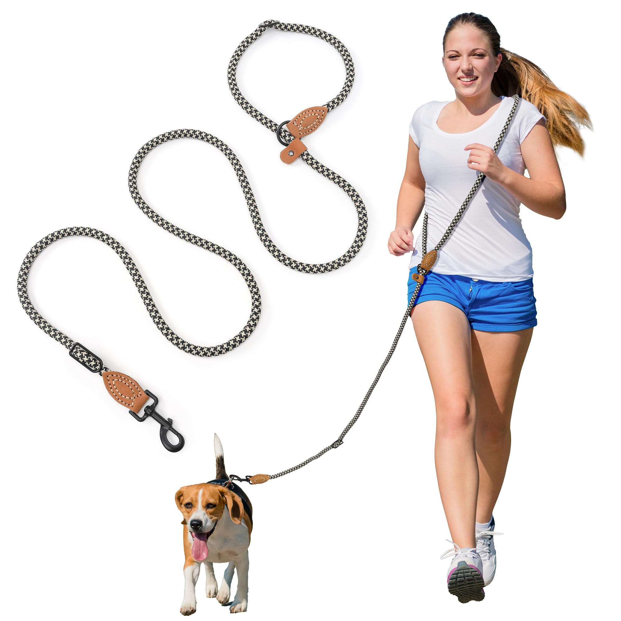 Photo 1 of Mile High Life Hands Free Dog Leash, Crossbody Waist Leash with Genuine Leather Connection, Multifunctional Adjustable Slip Lead for Dog Walking Running (Black Khaki, 7FT)
