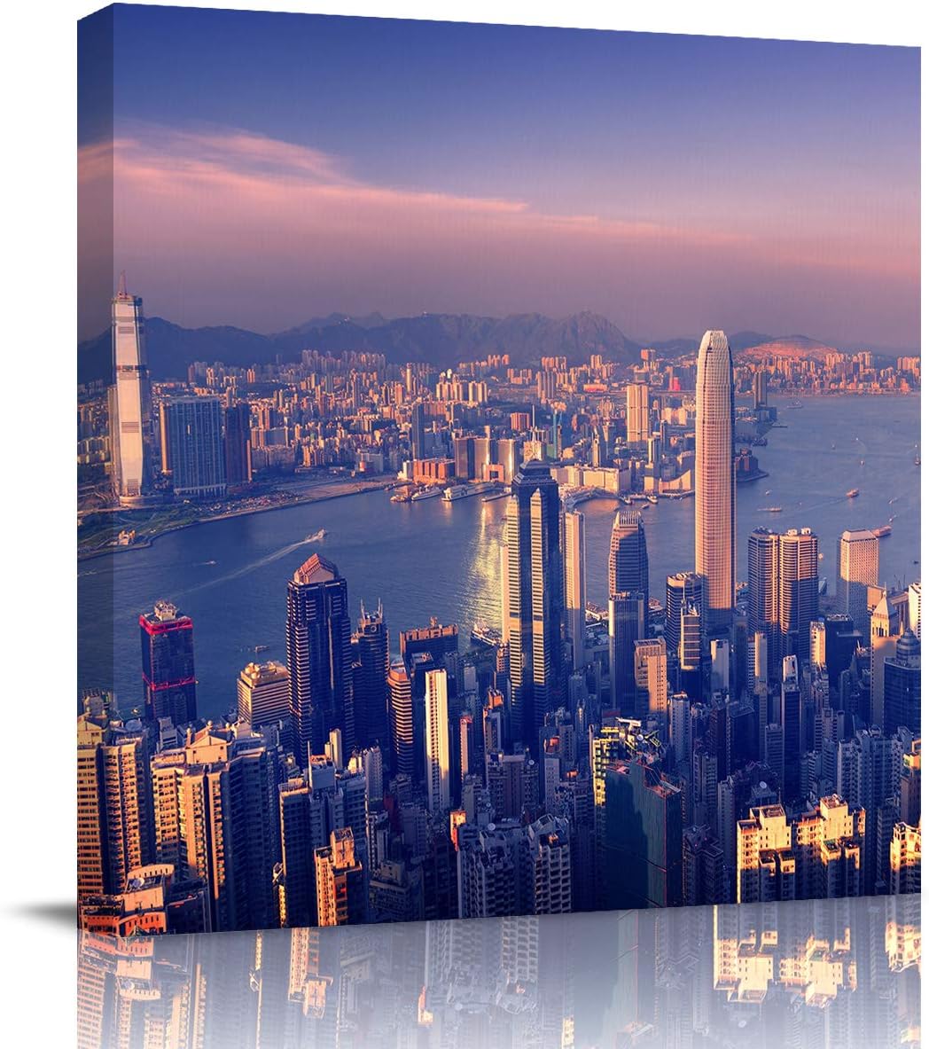 Amazon Com Canvas Wall Art Oil Paintings For Livingroom Bedroom Office Hong Kong City Building Landscape Skyline At Dusk Photograph Printed On Canvas For Home Wall Decoration Framed Ready To Hang 12x12in Posters