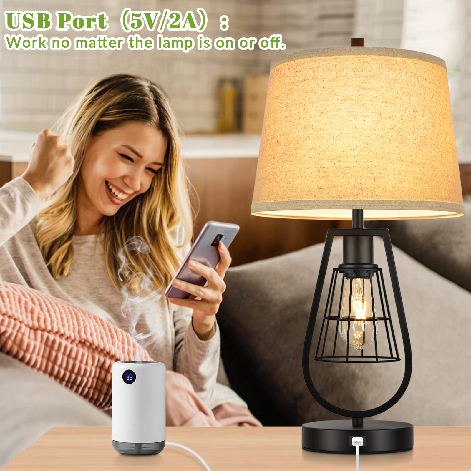 VerRon Industrial Touch Table Lamps with USB Port, 3-Way Dimmable Farmhouse Bedside Nightstand 2-Lights Lamps for Bedroom Living Room Reading, Cream Fabric, Black Metal Base, Bulbs Included