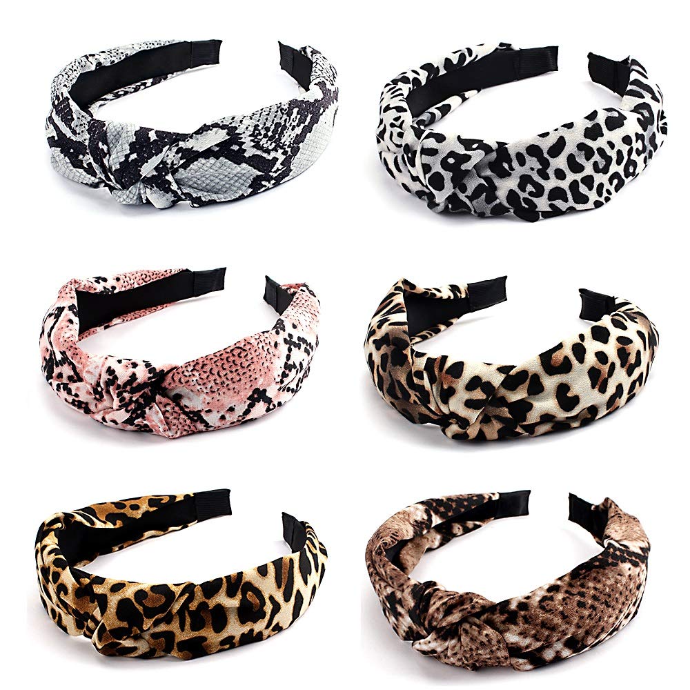 Headbands for Women, 6 Pack Snake Skin Top Knot Hairbands Hair Hoop, Leopard Cross Cloth Wrapped Hair Bands, Hair Accessories for Women Makeup Spa Hair Fix Accessories