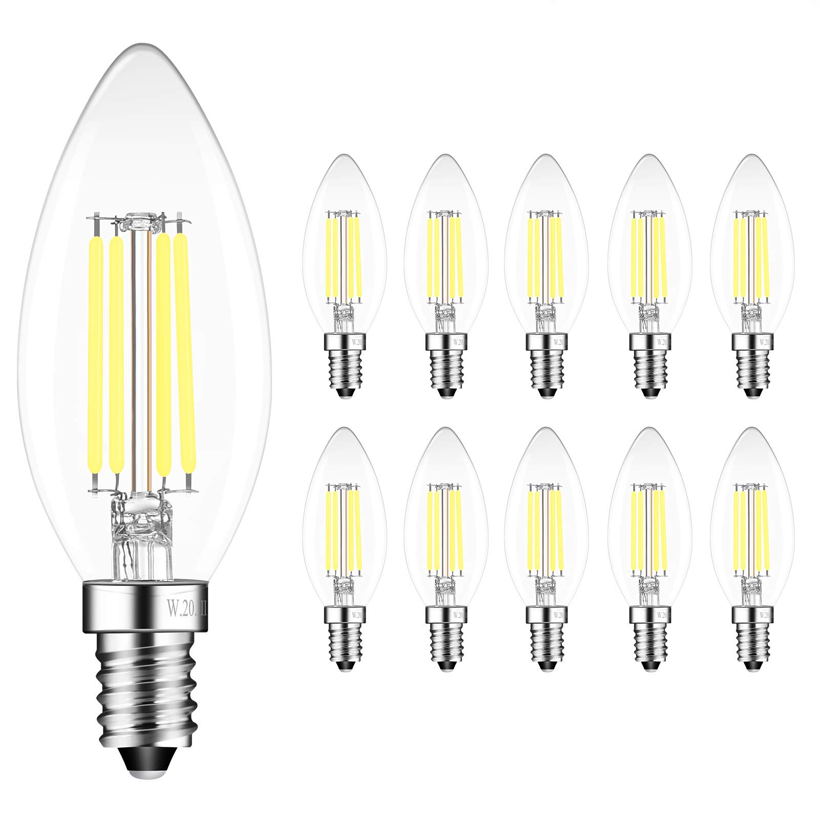 4W E14 Dimmable LED, 10 Pack, Filament Candle Light Bulb, 6000K Cool White, 400LM, C35, 40W Incandescent Equivalent
