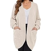 MONNURO Womens Plus Size Open Front Cardigan Waffle Knit Long Sleeve Sweaters Tops Fall Coat Outerwear with Pockets