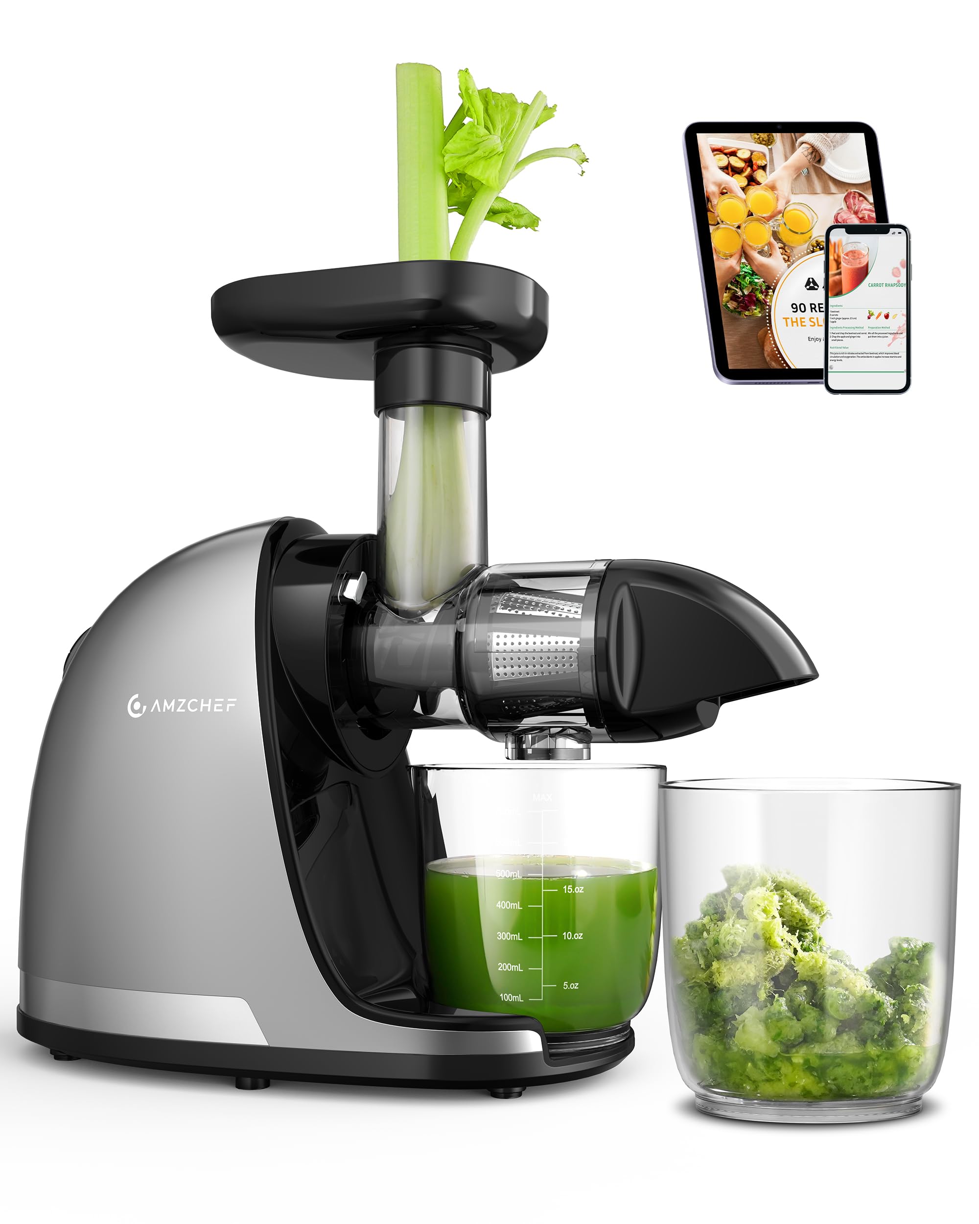 Photo 1 of **ITEMS FACTORY SEALED** AMZCHEF Cold Press Masticating Juicer Machine - 90% Yield Reverse System, Quiet Motor for Home & Breakfast, 3-Step Clean with Brush, Includes 50+ Juice Recipes, Silver Grey