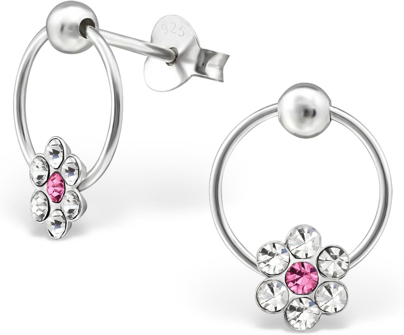 Flower Dangle Hoop Gift Earrings - Sterling Silver with Crystal Stones