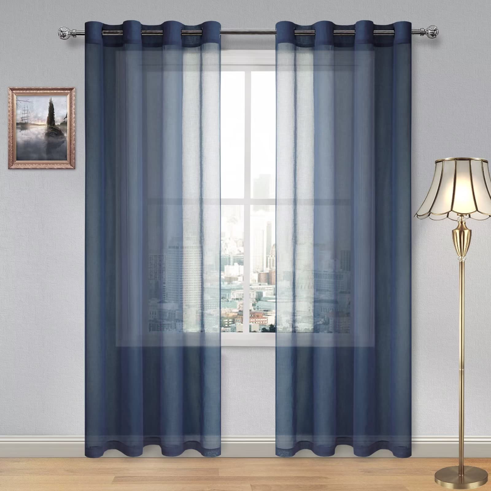DWCN Navy Blue Sheer Curtains Textured Semi Transparent Eyelet Top Decorative Voile Curtain for Living Bedroom, 52" Wide x 90" Drop, 2 Panels