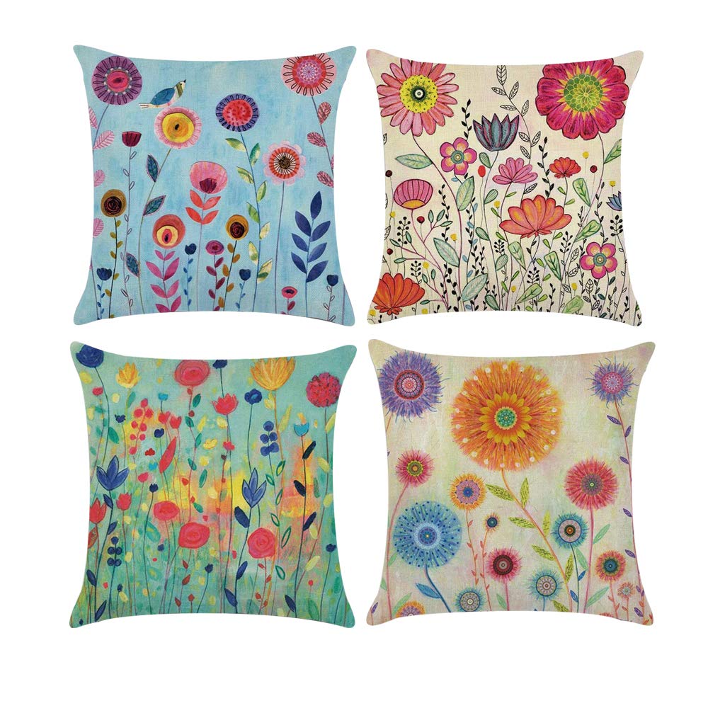 COWORK Set of 4 Colorful Flowers Cushion Cover Cotton Linen Throw Pillow Case Decorative Square Sofa Pillowcase for Home Decor Favor, 18 x 18 inch / 45 x 45 cm with Invisible Zipper (Style 12)