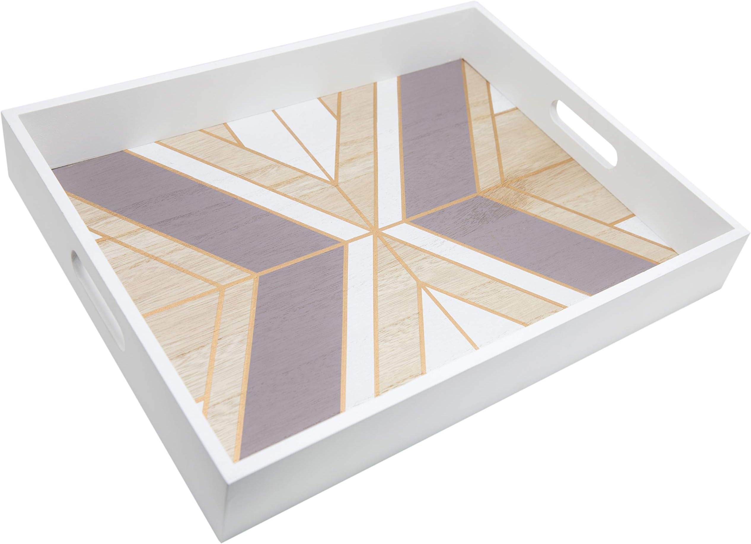 Decorative Tray with Modern Geometric Accents and Wood Serving Handles for Home Décor, Dining Room, Coffee Table, Ottoman, Vanity and Jewelry - 15.8” x 11.8” with White, Brown and Gold Design