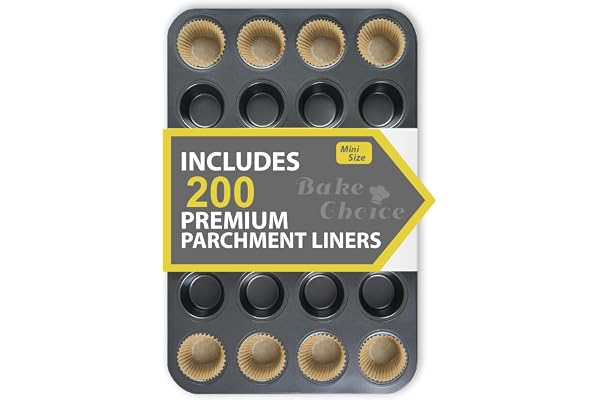 Bake Choice Mini Muffin Pan Includes 200 Cupcake Liners, Muffin Pan, Mini Cupcake Pan, 24 Cup Carbon Steel Muffin Tin for Bak