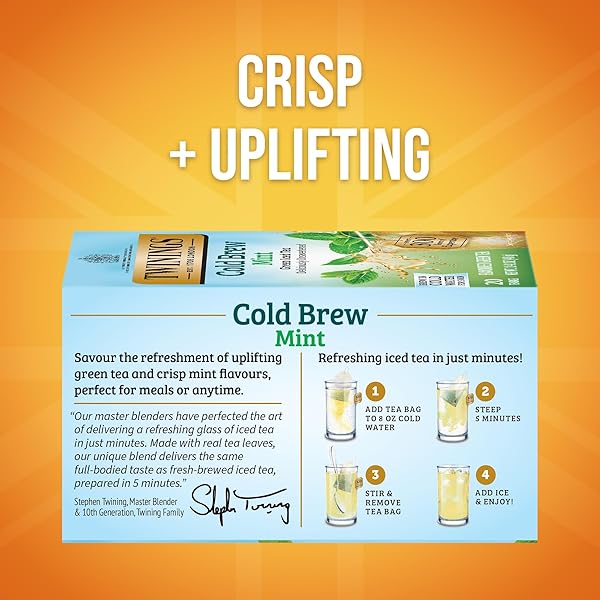 TWININGS COLD BREWED ICED TEA – MINT FLAVORED GREEN TEA WITH PEPPERMINT LEAVES, CAFFEINATED GREEN AND BLACK TEA EXTRACTS, UNSWEETENED COLD BREW TEA BAGS INDIVIDUALLY WRAPPED, 20 COUNT