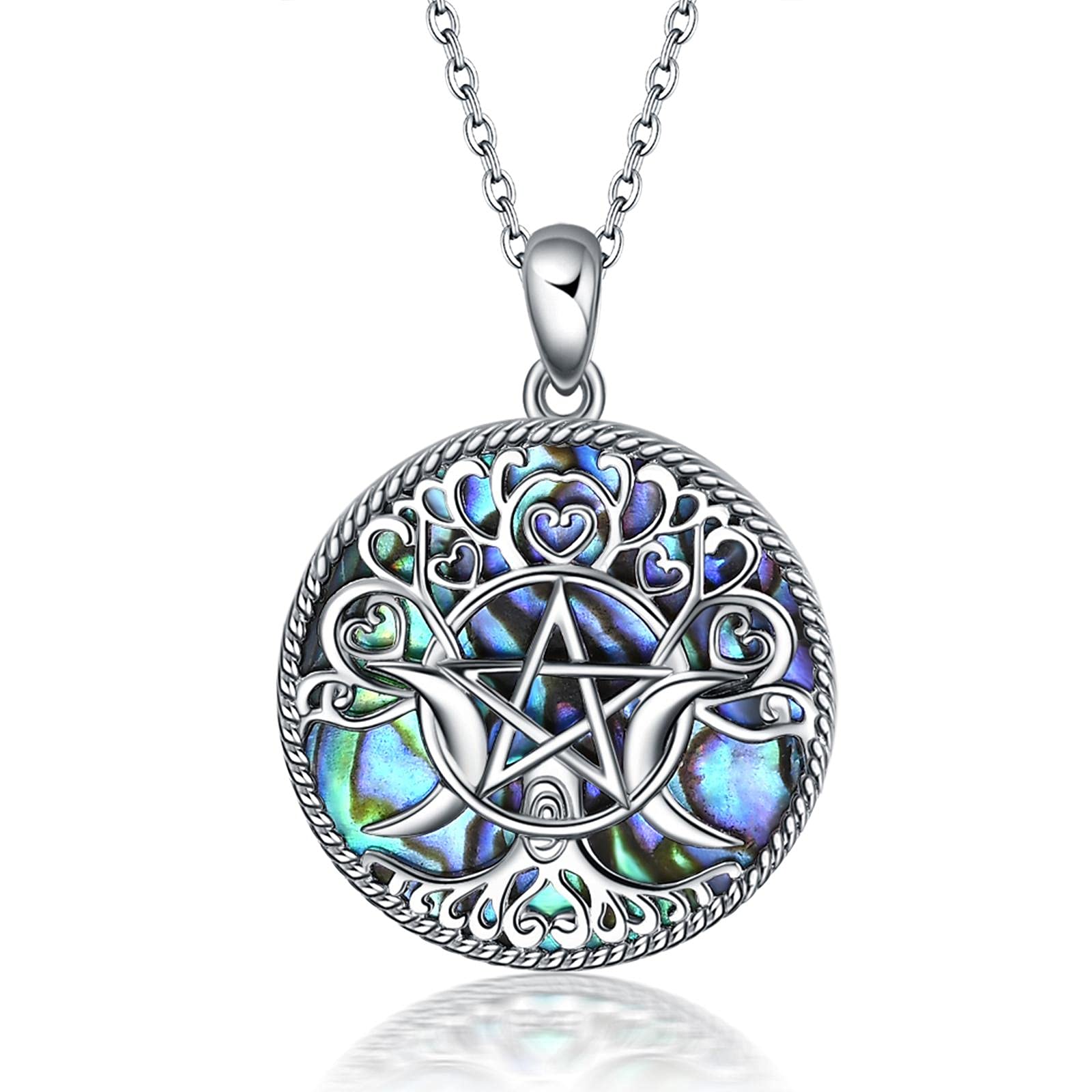 YFN Triple Moon Goddess Necklace Sterling Silver Pentagram Pentacle Pendant necklace Pagan Wiccan Magic Amulet Tree of Life Jewelry for Women Men
