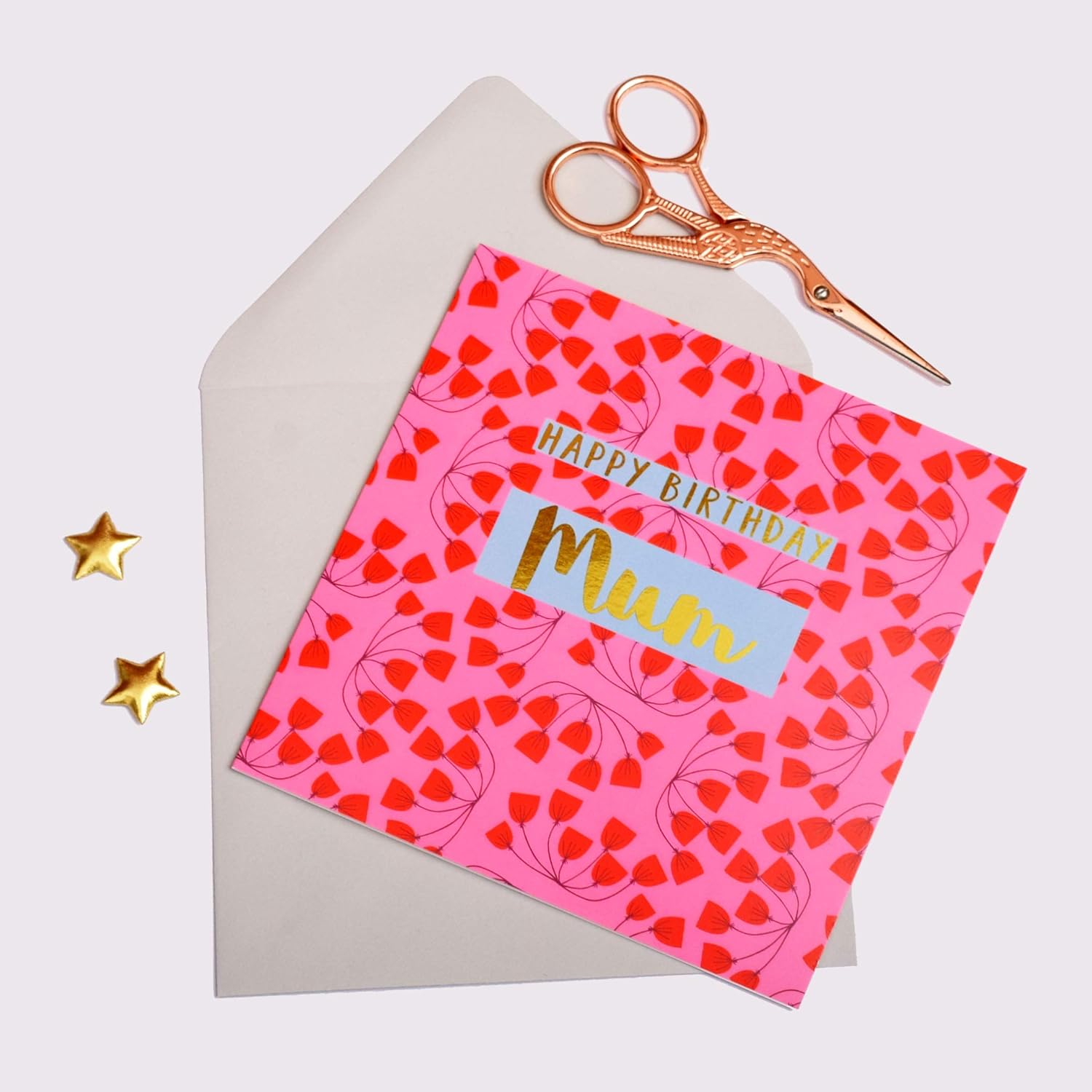 Claire Giles Greeting Cards, Happy Birthday Mum Card, Pink Flowers design Birthday Greeting Card, text foiled in shiny gold - Image 3