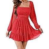 Bridesmay Women's Sparkly Long Sleeve Short Party Dresses 2026 Square Neck Flowy Mini Prom Dress