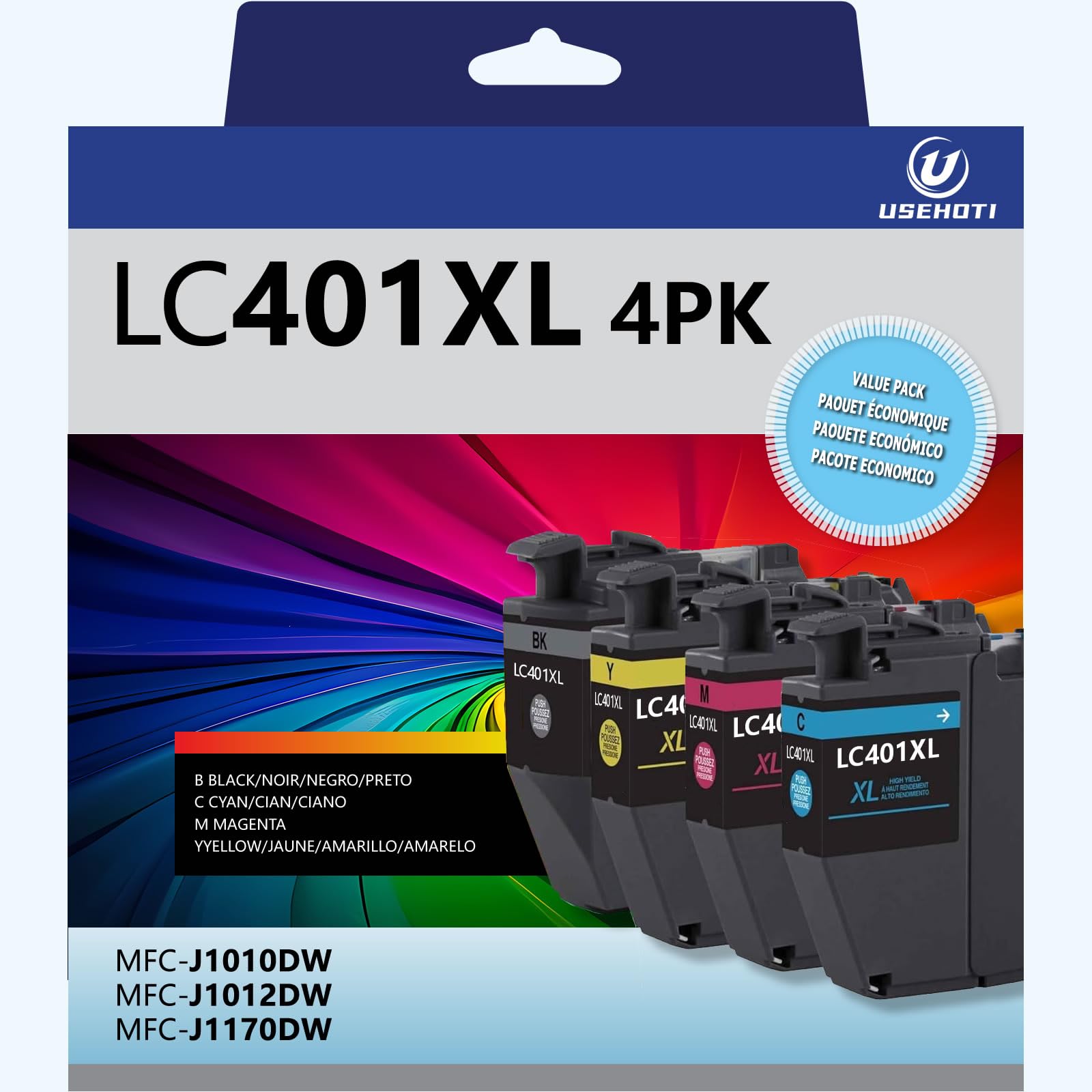 Photo 1 of USEHOTI Compatible LC401XL Ink Cartridges Replacement for Brother LC401 Ink Cartridges Work with Brother MFC-J1010DW MFC-J1012DW MFC-J1170DW Printer (Black Cyan Magenta Yellow, 4 XL Pack)