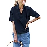 Korebow Womens Short Sleeve Shirts Lapel V Neck Pullover Tops Solid Color/Striped Dressy Casual Blouses