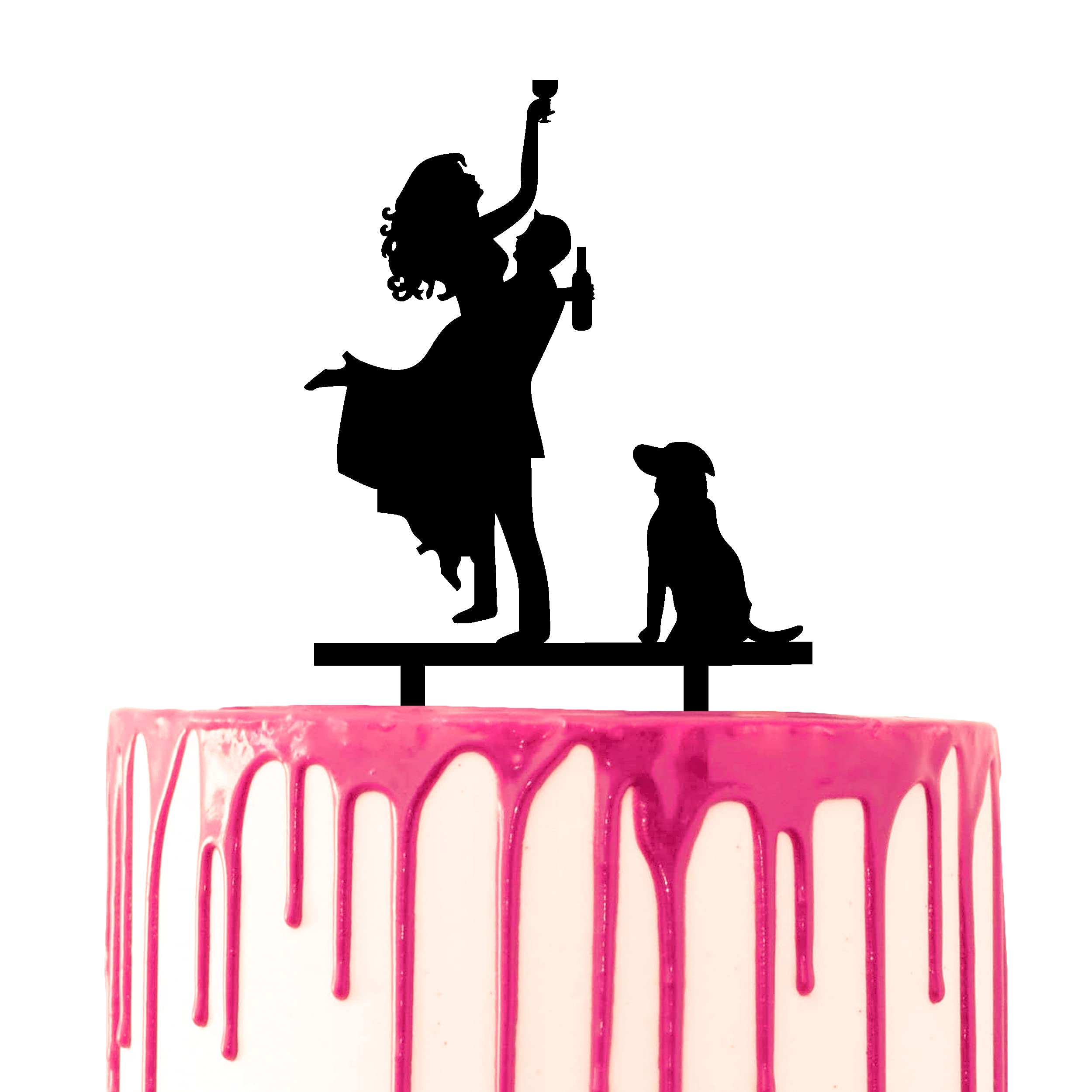 CARISPIBET cake topper groom picks up bride holding drink with dog by their side acrylic silhouette