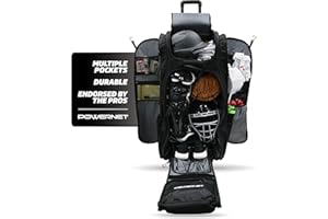 PowerNet Optimus Catcher's Bag, Rolling Equipment Bag Holds All Baseball & Softball Gear, 7 Internal Bat Sleeves, Cleat Compartment, Personalization Panel & Hooks
