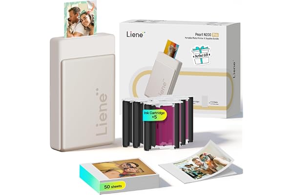 Liene Pearl N200 Pro Portable AI Photo Printer, Instant Mini Picture Printer for iPhone Smartphone, Thermal Dye Sublimation, Bluetooth Sticker Maker 50 Sheets 2x3 Adhesive Paper & 5 Cartridges, Gold