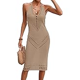 BreathSunny Womens Crochet Slim Fit Beach Dresses Summer 2025 Backless Halter Deep V Neck Bathing Suit Cover Up Midi Dress