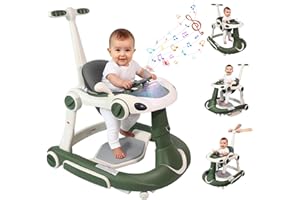 LERRUTUE Baby Walker, 4-in-1 Baby Walker with Wheels Portable, Foldable Infant Toddler Walker for Boys Girls 6-18 Month,Removable Footrest,Car Steering Wheel & Music, Adjustable Push Walker Pink Green