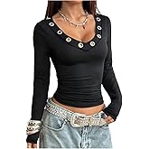 BEAUDRM Women's Y2k Grommet Eyelet Crop T Shirts Long Sleeve V Neck Fitted Going Out Tops Streetwear