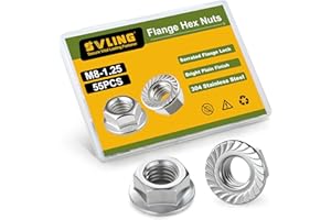 SVLING M8 Flange Nuts 55Pcs, Metric M8-1.25mm Serrated Flange Hex Nuts 304 Stainless Steel 18-8, Bright Plain Finish