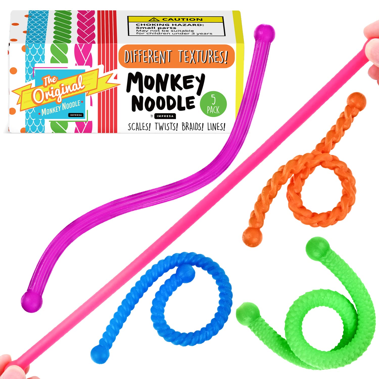 Photo 1 of Impresa Fidget Toys Textured Monkey Noodles - Multicolor, 12-Inch, 5-Pack, Textured - Stretchy Fidget Toy & Sensory Toys