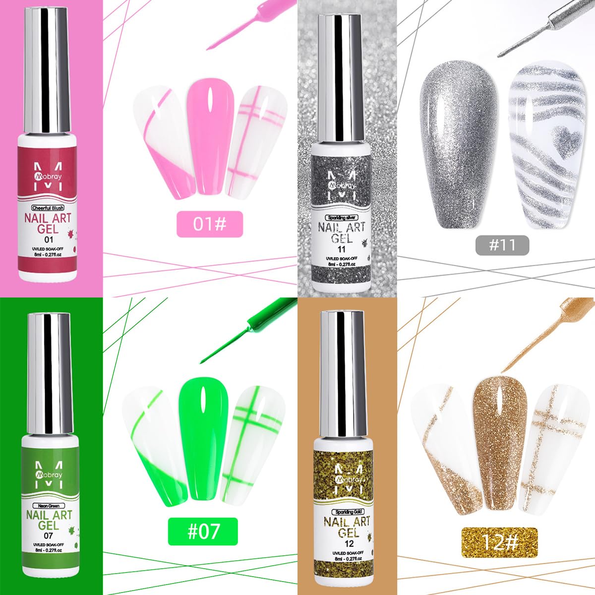 Fcozpjk Nail Art Liner Gel Polish Set, 12 Colors Kit With Neon Pink Green Painting and Thin Brush, Soak off Black White Drawing for French Tips, Wave Swirls Nail Design