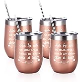 Friends Wine Tumbler Set of 4, Side By Side or Miles Apart Friends Are Always Close at Heart Wine Tumbler for Long Distance Friendship, 12 Oz Stainless Steel Insulated Wine Tumbler with Lid and Straw