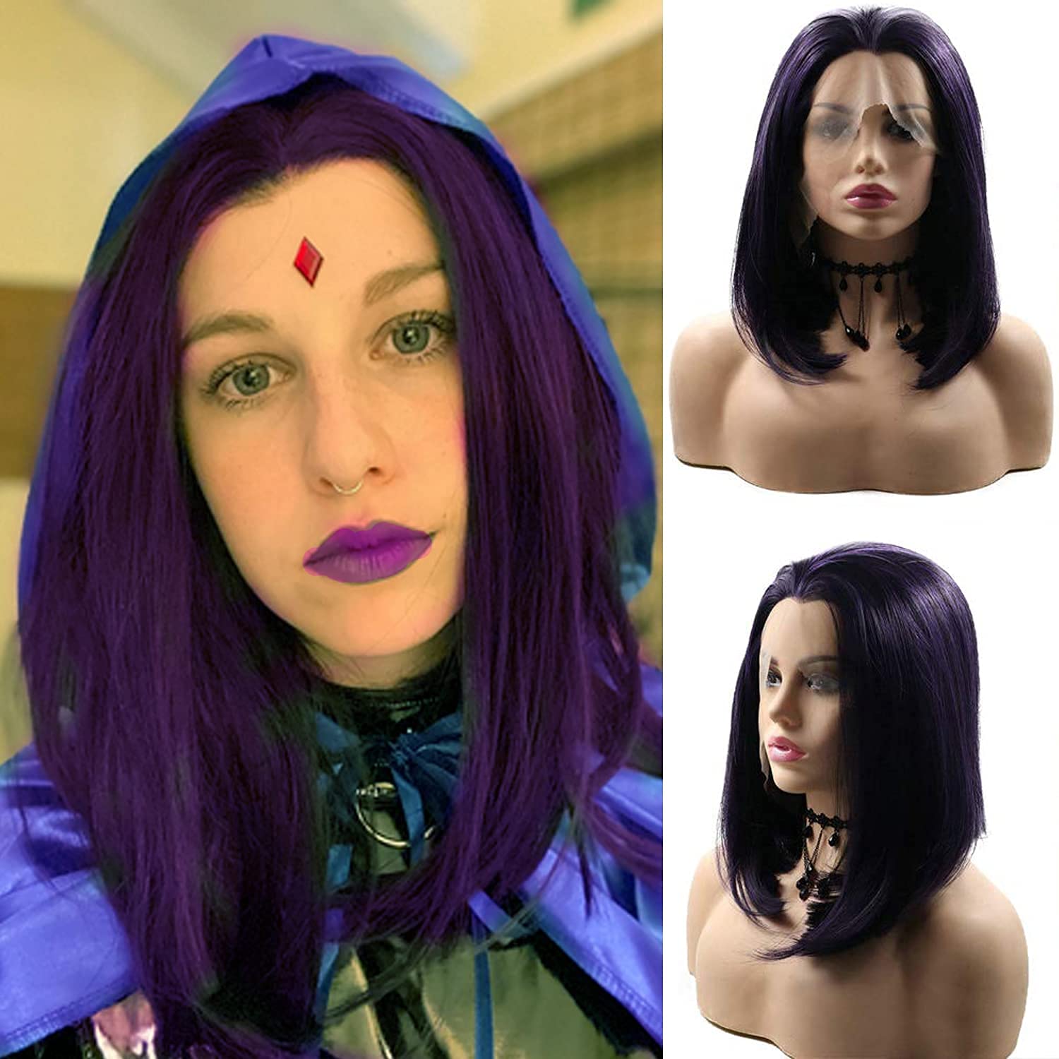 Purple Short Bob Lace Front Wigs for Women Blend Purple Handmade Wig Realistic Natural Hairline Glueless Synthetic Silky Straight Wig Glueless Heat Resistant Hair Cosplay Daily Summer Wigs 14 Inch