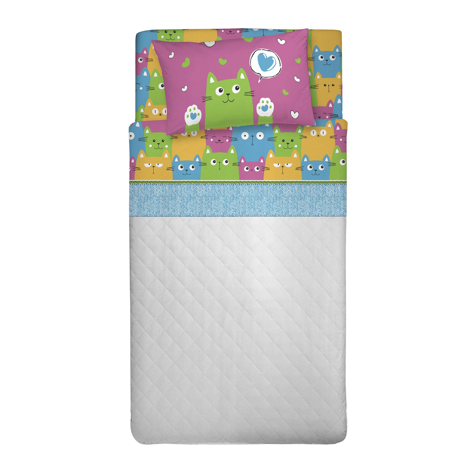 PENSIERI DELICATI 100% Cotton Double Bed Set, 120 x 200 cm, Complete with Bottom Sheet, Top Sheet and 1 Pillowcase, Made in Italy, Happycat Multicolour Pattern