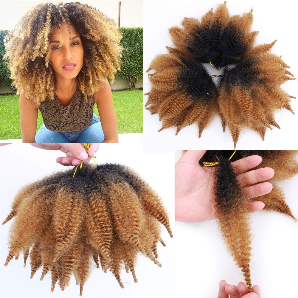 3Packs Ombre Black Brown Afro Kinky Marley Braids Hair Extensions Kanekalon Synthetic Twist Crochet Braiding Hair for Women (8inch, 1b/27)