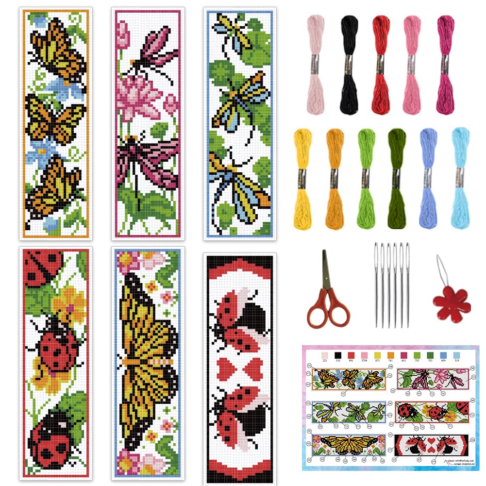 INFUNLY 6PCS Butterflies Cross Stitch Bookmark Kits Insects 8''x2.4'' Bookmark Making Kit Dragonflies DIY Stamped Embroidery Bookmarks for Beginners with Instruction for Book Lovers Reader Writers — image 1