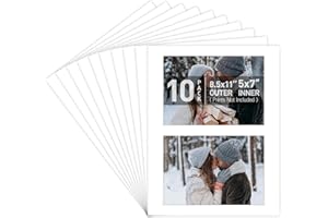 Golden State Art, 8.5x11 Picture Mats with Two Openings for 5X7-Inch Photos, 10-Pack, White