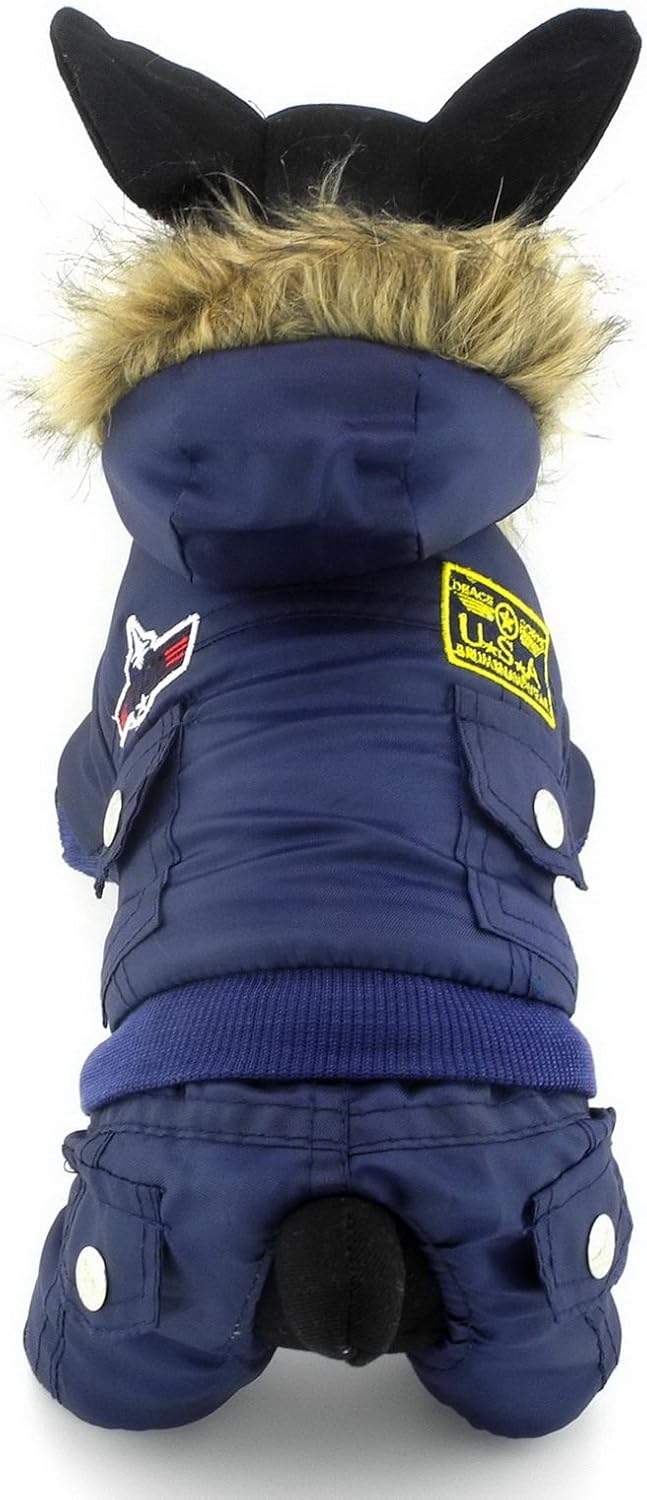 Ranphy Waterproof Dog Snowsuit Jumpsuit Hoodie Winter Coat Pet Fleece Lined Clothes Puppy Cotton Padded Outfit Cold Weather Hooded Airman Jacket Warm Cat Clothes Chihuahua Parka Girls Boys Blue XS