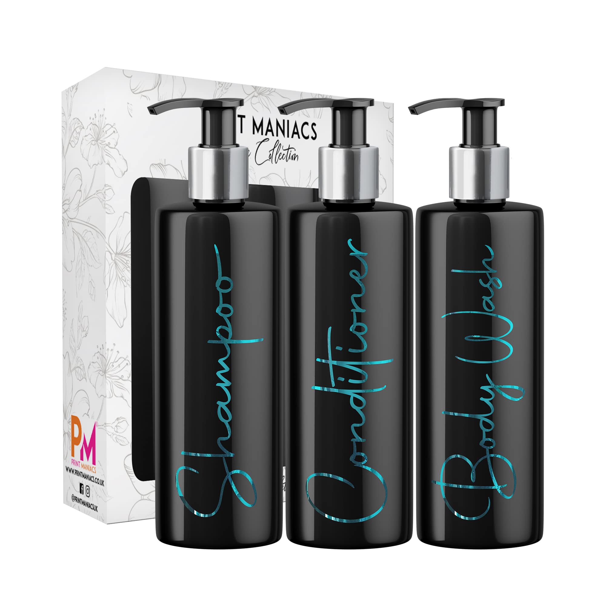 Print Maniacs Mrs Hinch Inspired Black Personalised Dispenser Silver Pump Bottles Set 3 (TEAL, F2)