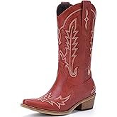 Rivalran Cowboy Boots for Women - Cowgirl Boots with Embroidery, Chunky Heel Pointed Toe Pull-on Vintage Western Mid Calf Fashion Boots for Ladies